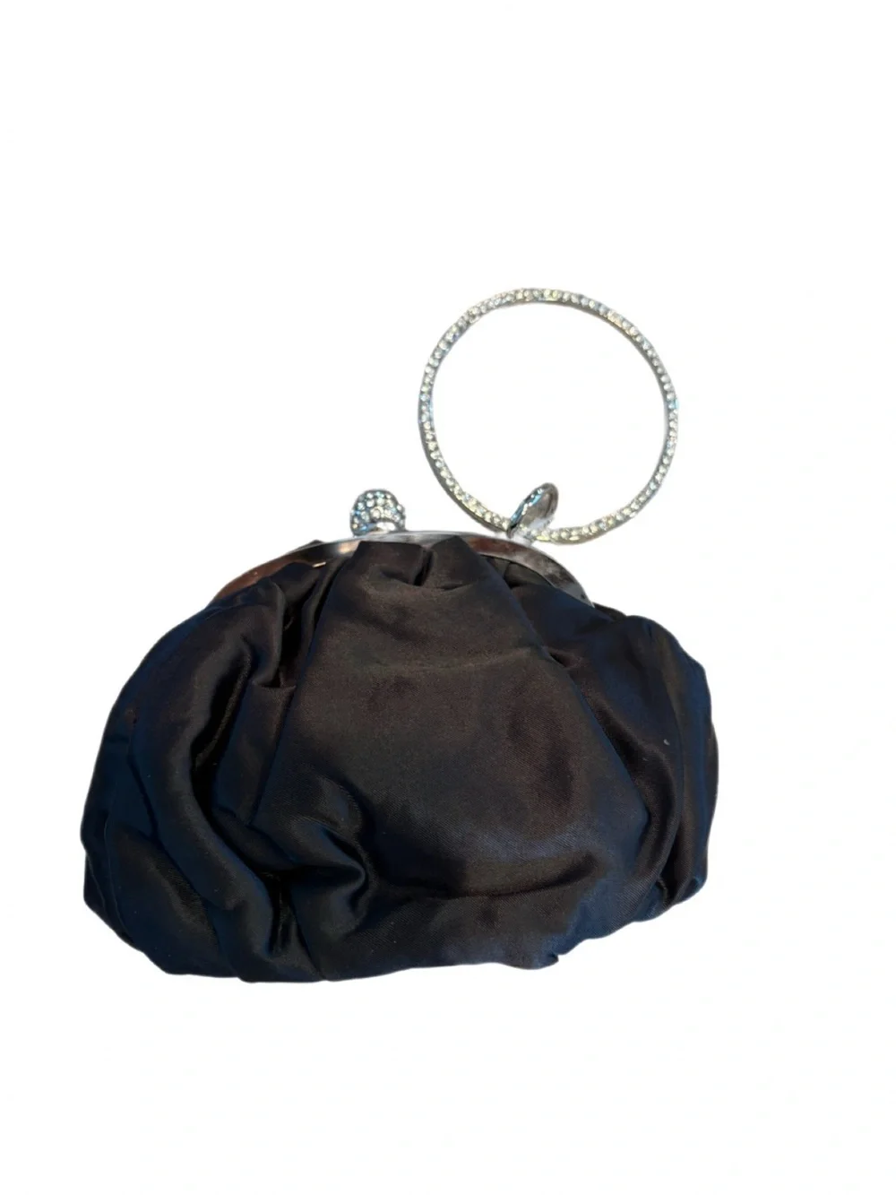 Black Satin Evening Bag Rhinestone Ring Wristlet Clutch NWT